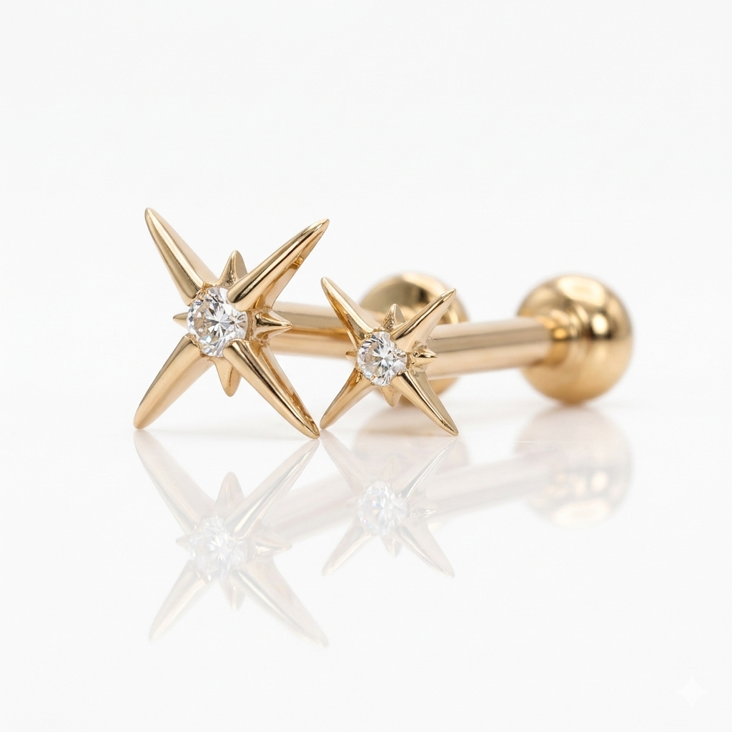 14K Solid Gold Lab Diamond Starburst Labret Stud