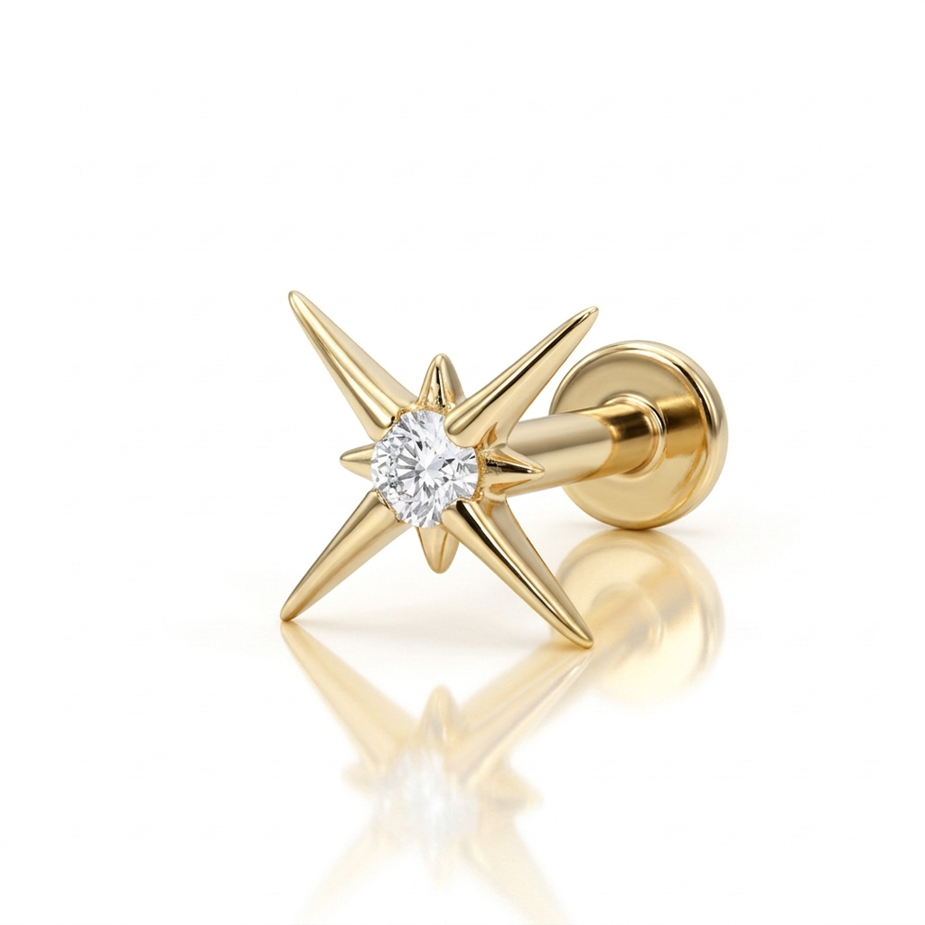 14K Solid Gold Lab Diamond Starburst Labret Stud - Image 5
