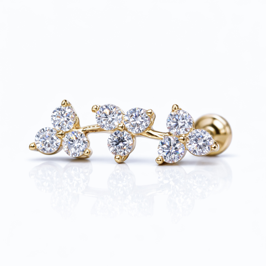 18k - 14K Solid Gold Lab Diamond Triple Blossom Labret Stud