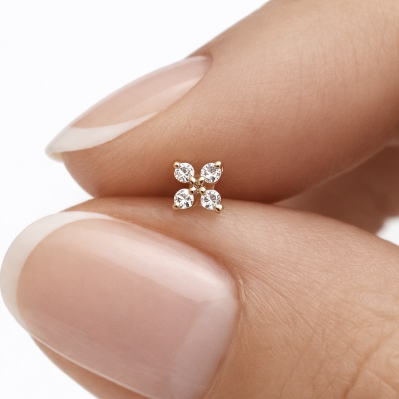 14K Solid Gold Lab Diamond Clover Labret Stud