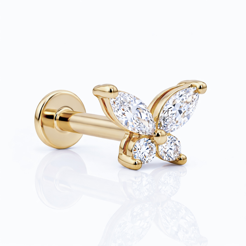 14K Solid Gold Lab Diamond Butterfly Labret Stud