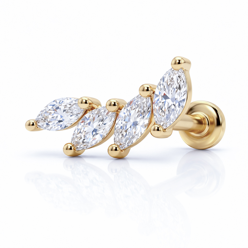 18k - 14K Solid Gold Lab Diamond Curved Marquise Labret Stud