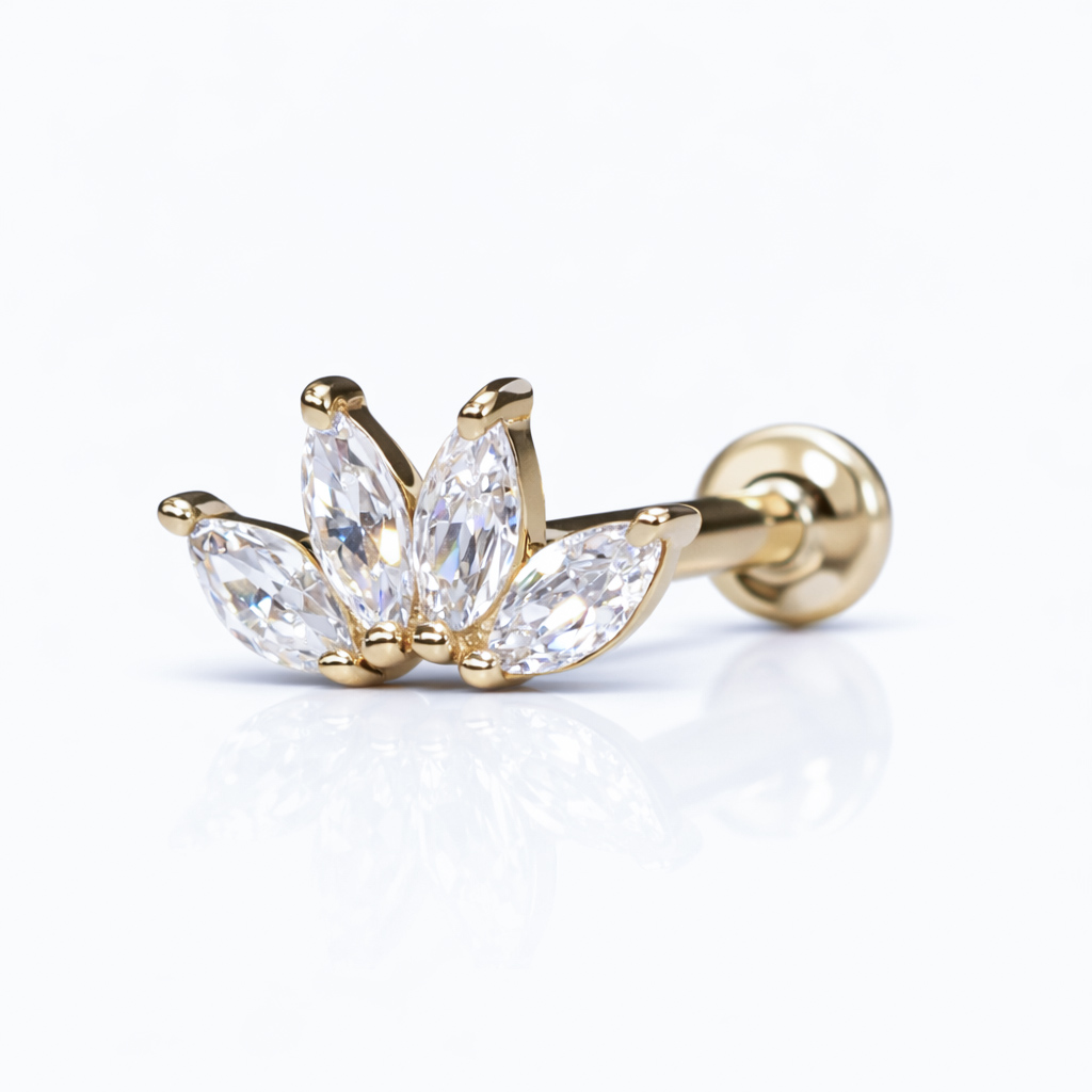 14K Solid Gold Lab Diamond Marquise Lotus Labret Stud