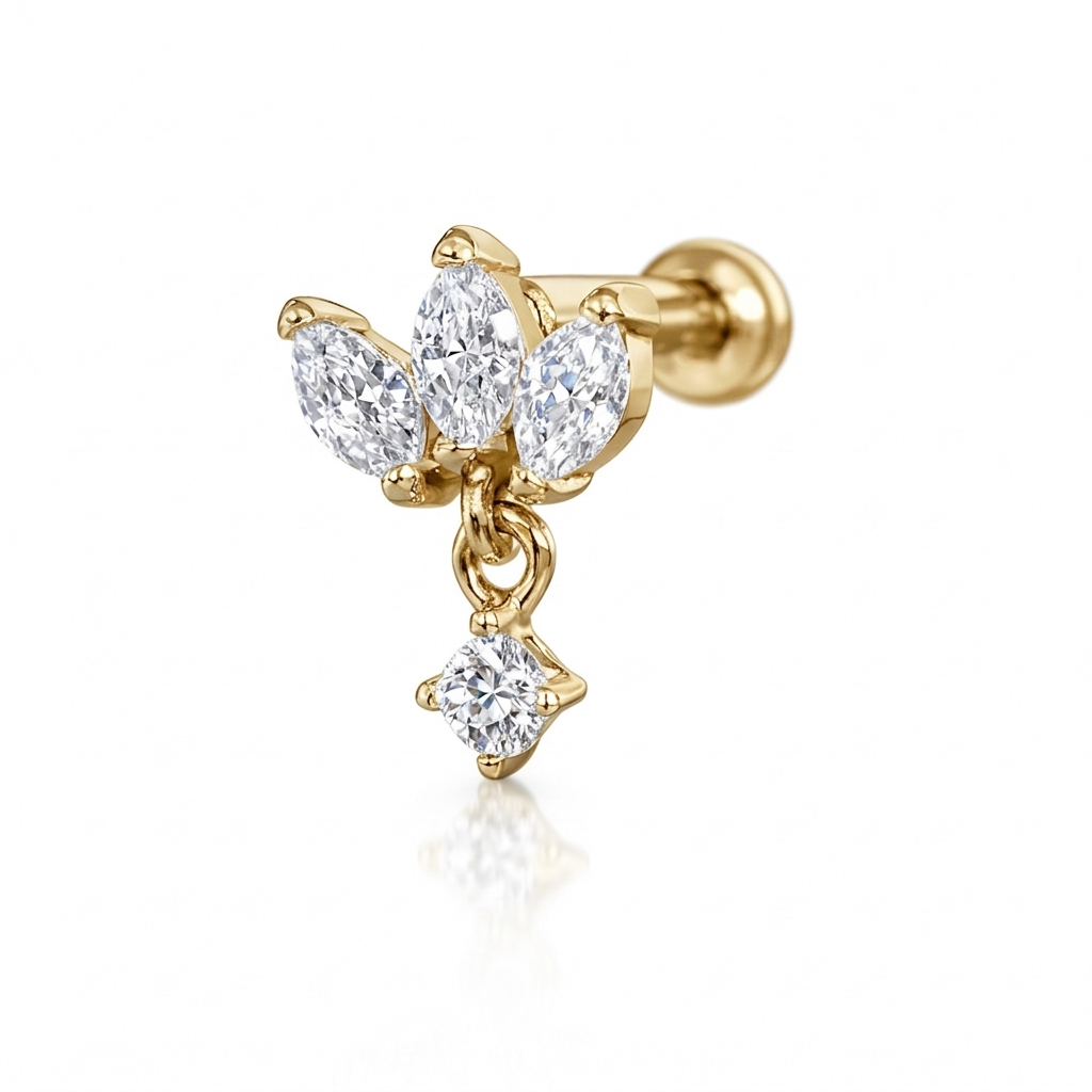14K Solid Gold Lab Diamond Lotus Drop Labret Stud