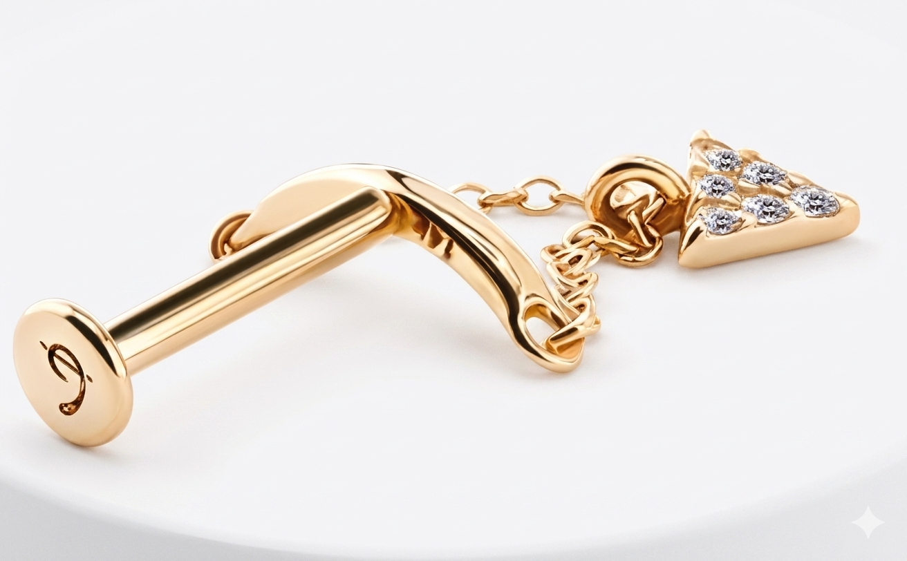 14K Solid Gold Lab Diamond Geometric Chain Drop Labret - Image 3