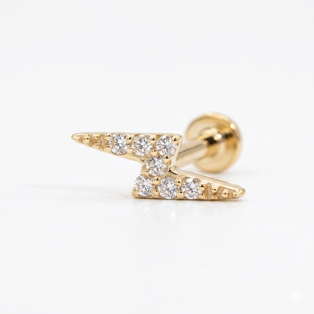 14K Solid Gold Lab Diamond Lightning Bolt Labret Stud