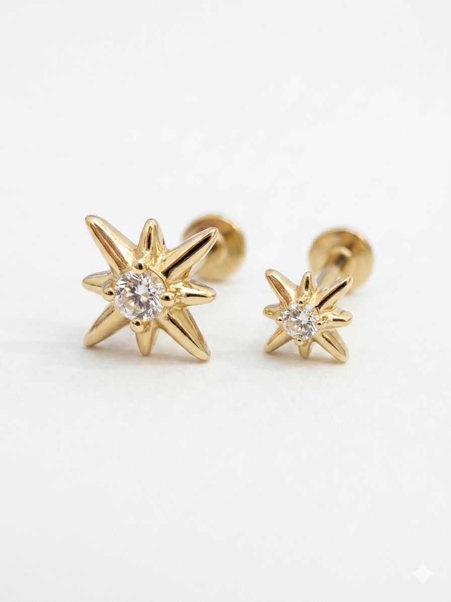14K Solid Gold Lab Diamond Starburst Stud