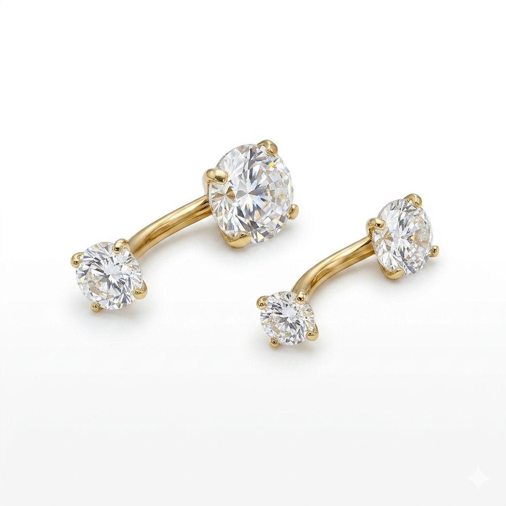 18K Solid Gold Double Stone Classic Belly Bar