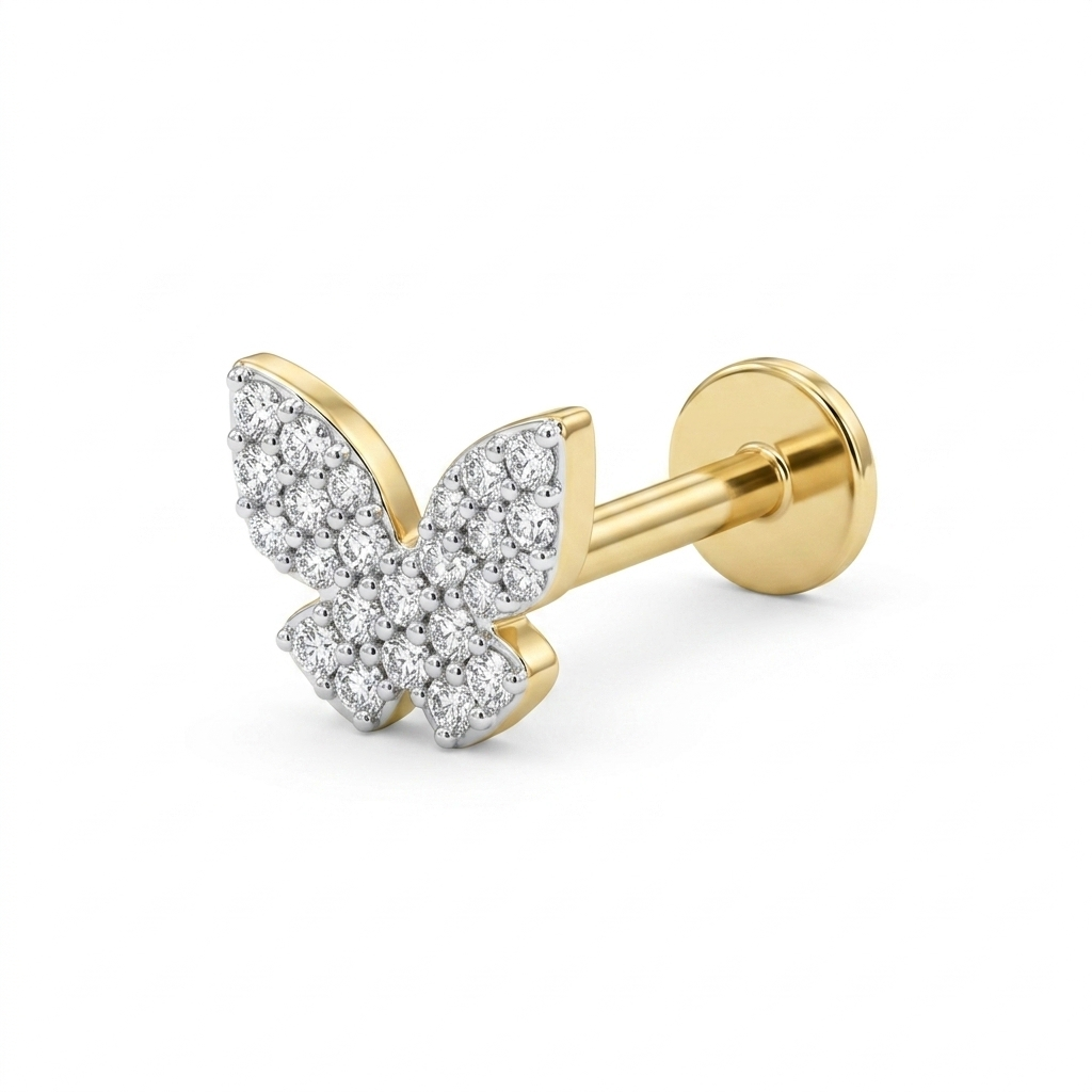 18K Solid Gold Natural Diamond Butterfly Stud